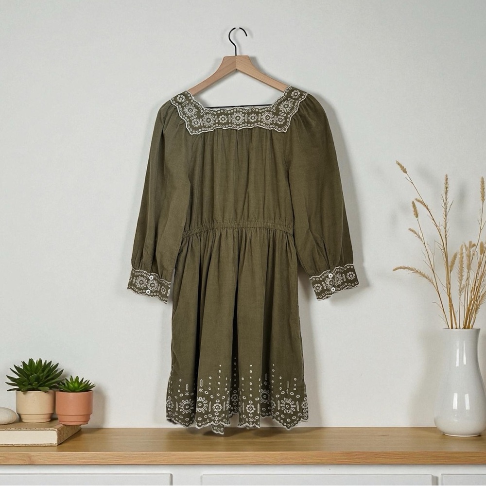 Madewell Women’s Green Cotton Embroidered Square Neck Mini Dress Size S - Picture 3 of 12